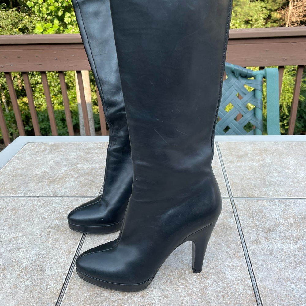 Prada black leather high heel platform boots